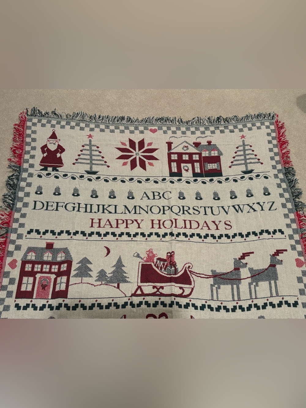 Vintage Crown Crafts 100% Cotton Woven Christmas Throw Red Green - Picture 2 of 5